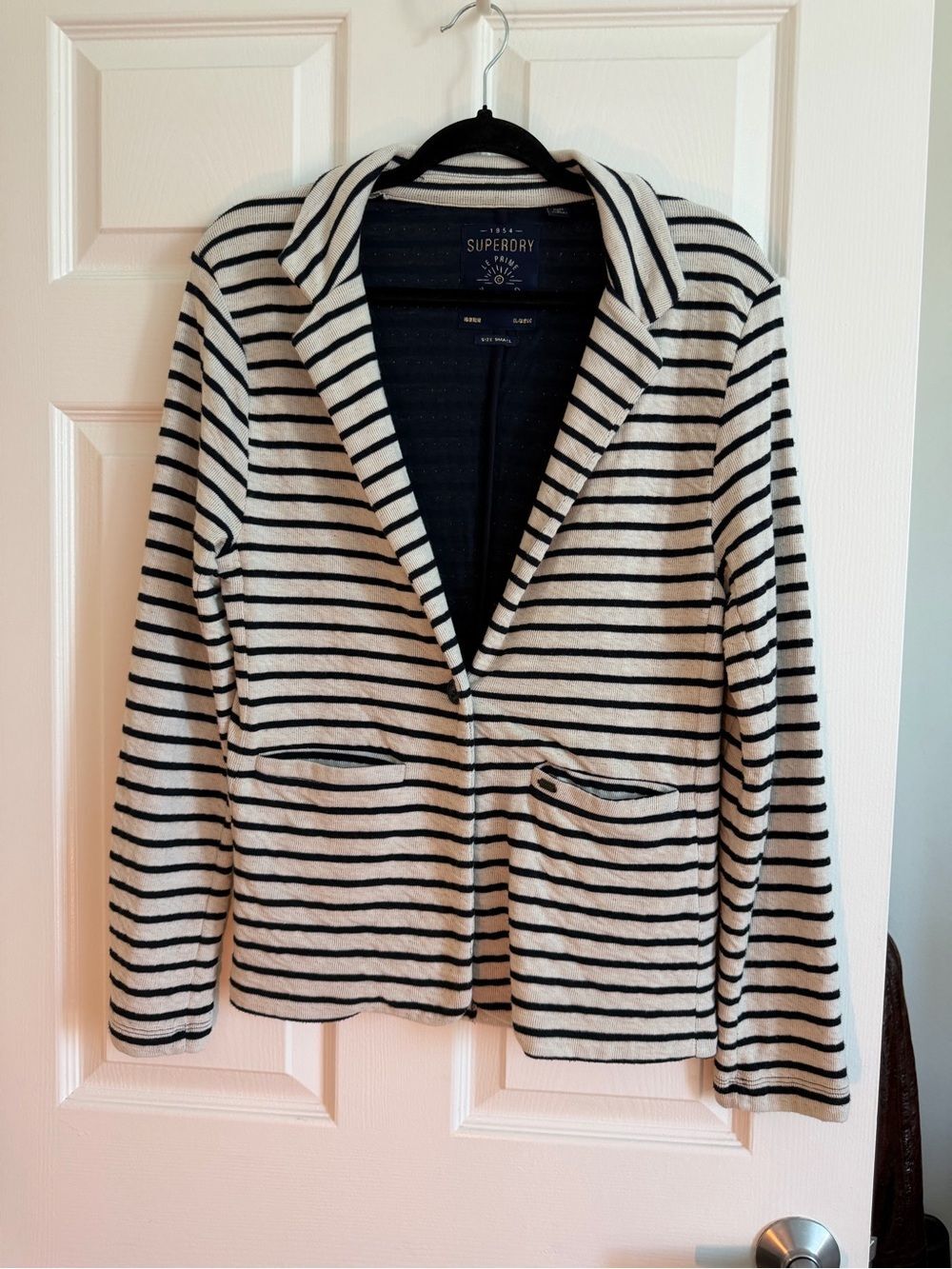 Superdry Le Prime Striped Knit Blazer Jacket Navy Cream Size Small